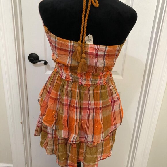 NWT Aerie Plaid Ruffle Mini Dress XS Lurex Thread Tassel Halter Neck – Chic - Picture 7 of 8